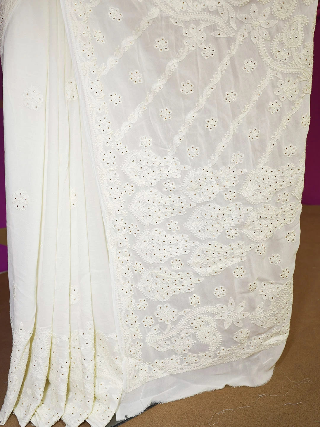 Ada Hand Embroidered Cornsilk White Viscose Georgette Lucknowi Chikankari Saree With Blouse And Muqaish Work 01A585064