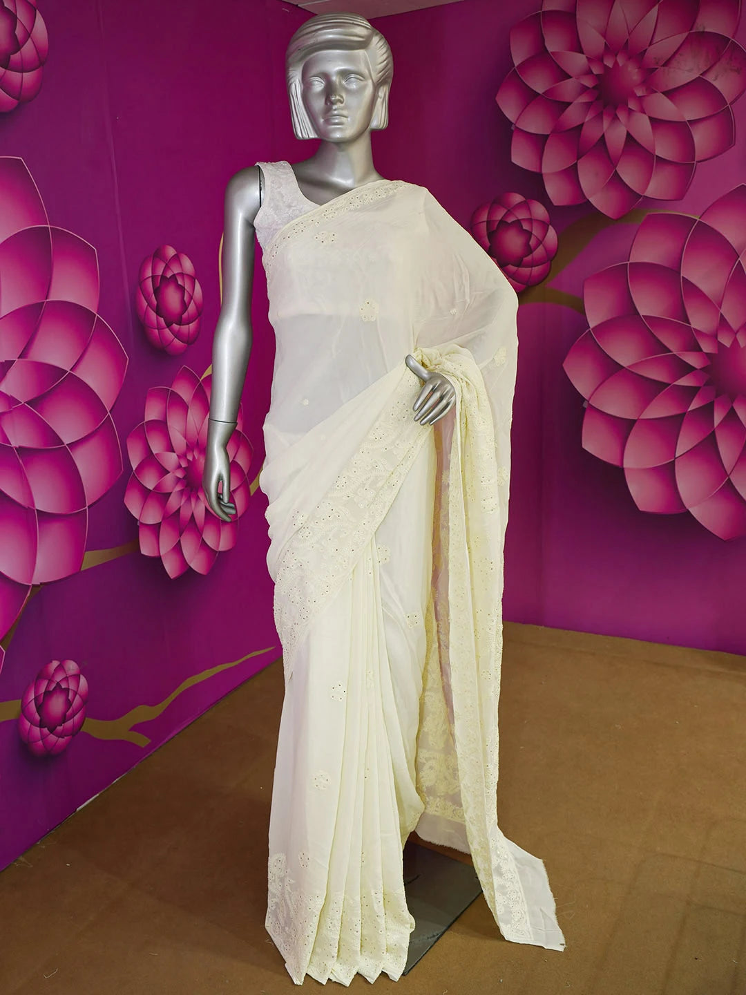 Ada Hand Embroidered Cornsilk White Viscose Georgette Lucknowi Chikankari Saree With Blouse And Muqaish Work 01A585064