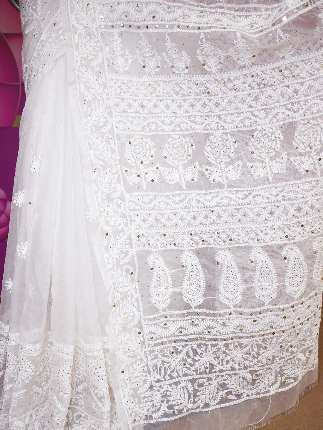 Ada Hand Embroidered Off White Organza Lucknowi Chikankari Saree With Blouse And Muqaish Work 01A596534
