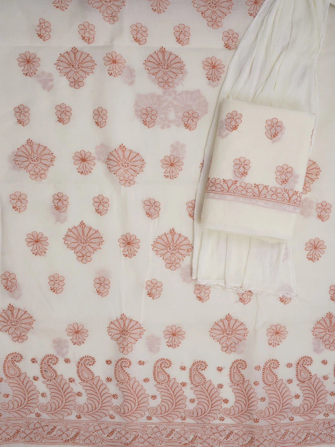 Ada Hand Embroidered Cream Cotton Lucknowi Chikankari Unstitched Suit Piece 01A598940