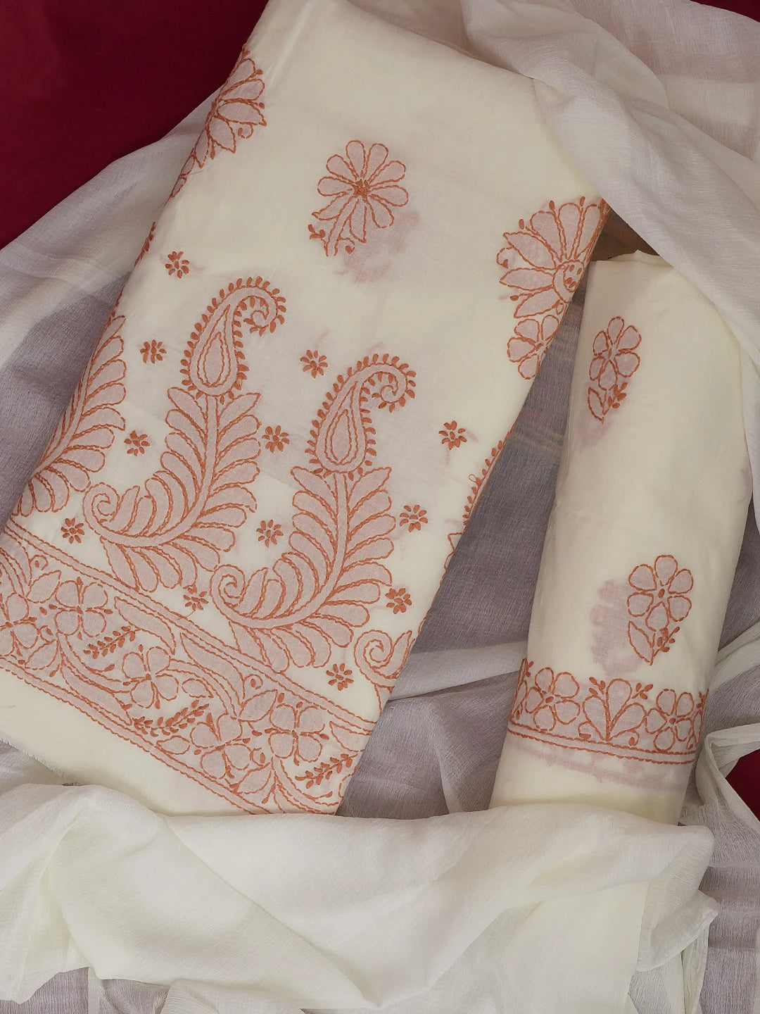 Ada Hand Embroidered Cream Cotton Lucknowi Chikankari Unstitched Suit Piece 01A598940