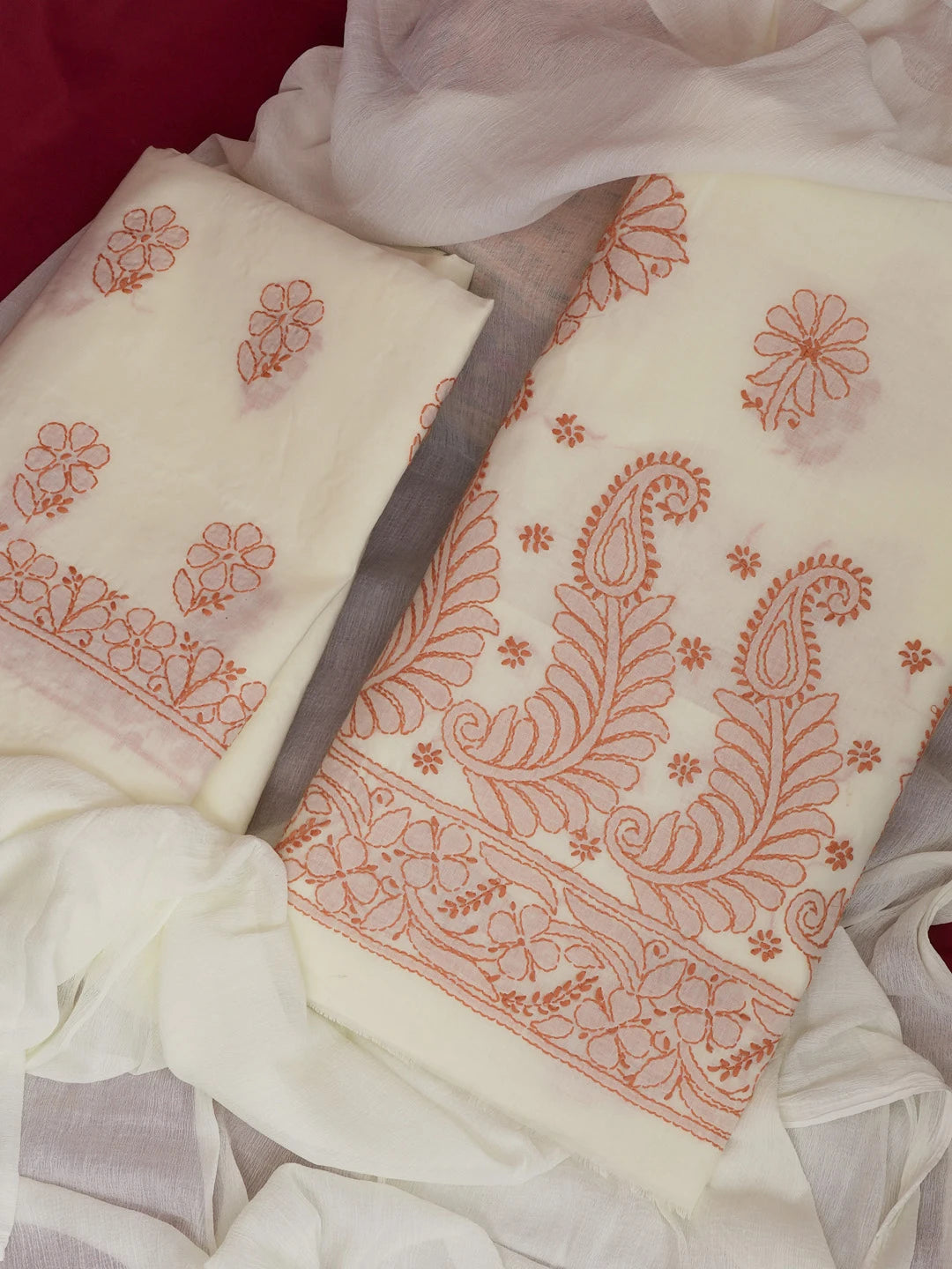 Ada Hand Embroidered Cream Cotton Lucknowi Chikankari Unstitched Suit Piece 01A598940