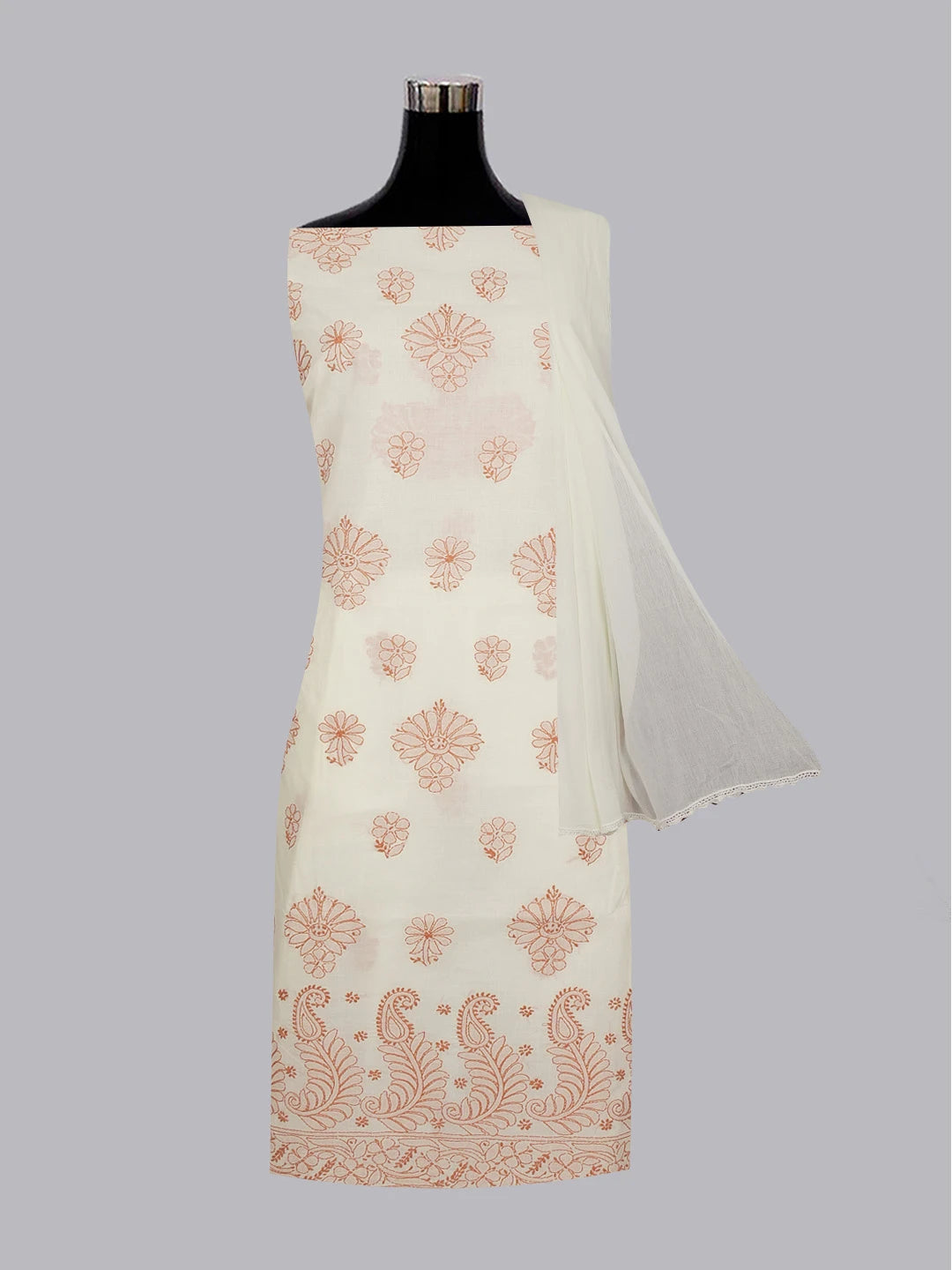 Ada Hand Embroidered Cream Cotton Lucknowi Chikankari Unstitched Suit Piece 01A598940