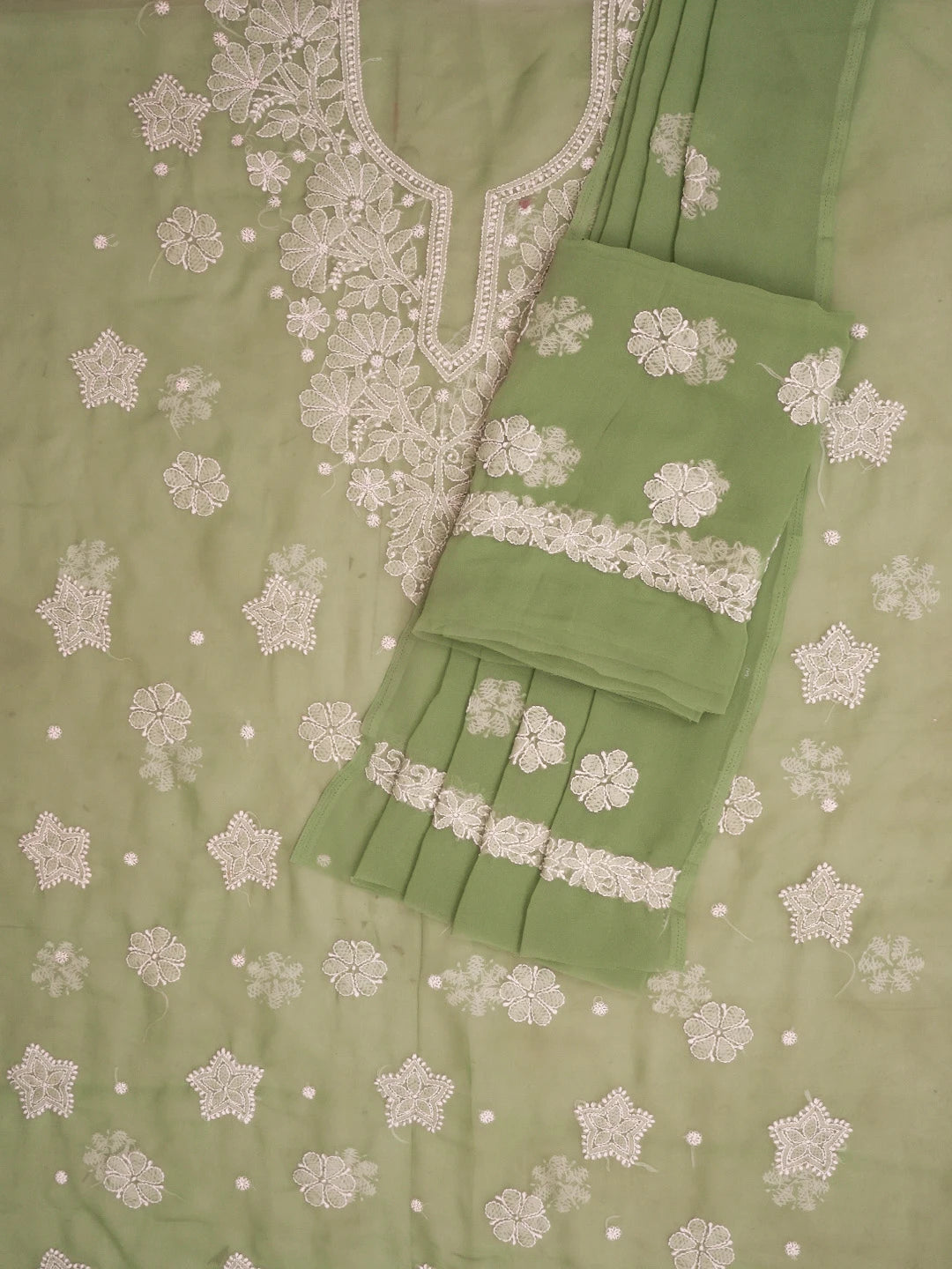 Ada Hand Embroidered Green Georgette Lucknowi Chikankari Unstitched Suit Piece 01A573029