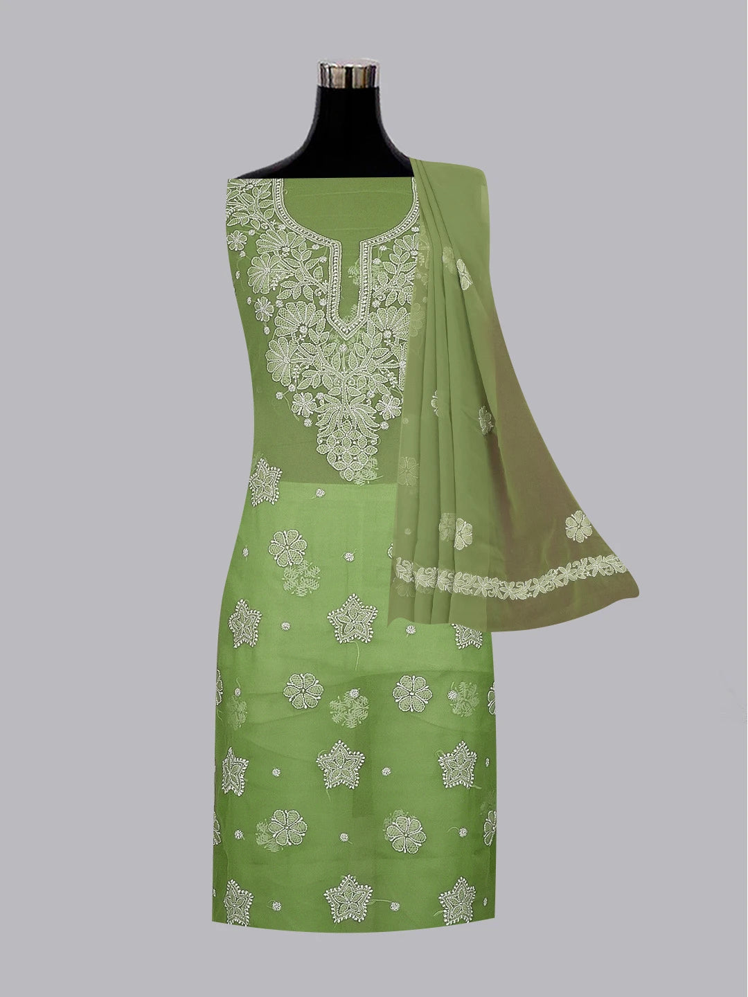 Ada Hand Embroidered Green Georgette Lucknowi Chikankari Unstitched Suit Piece 01A573029