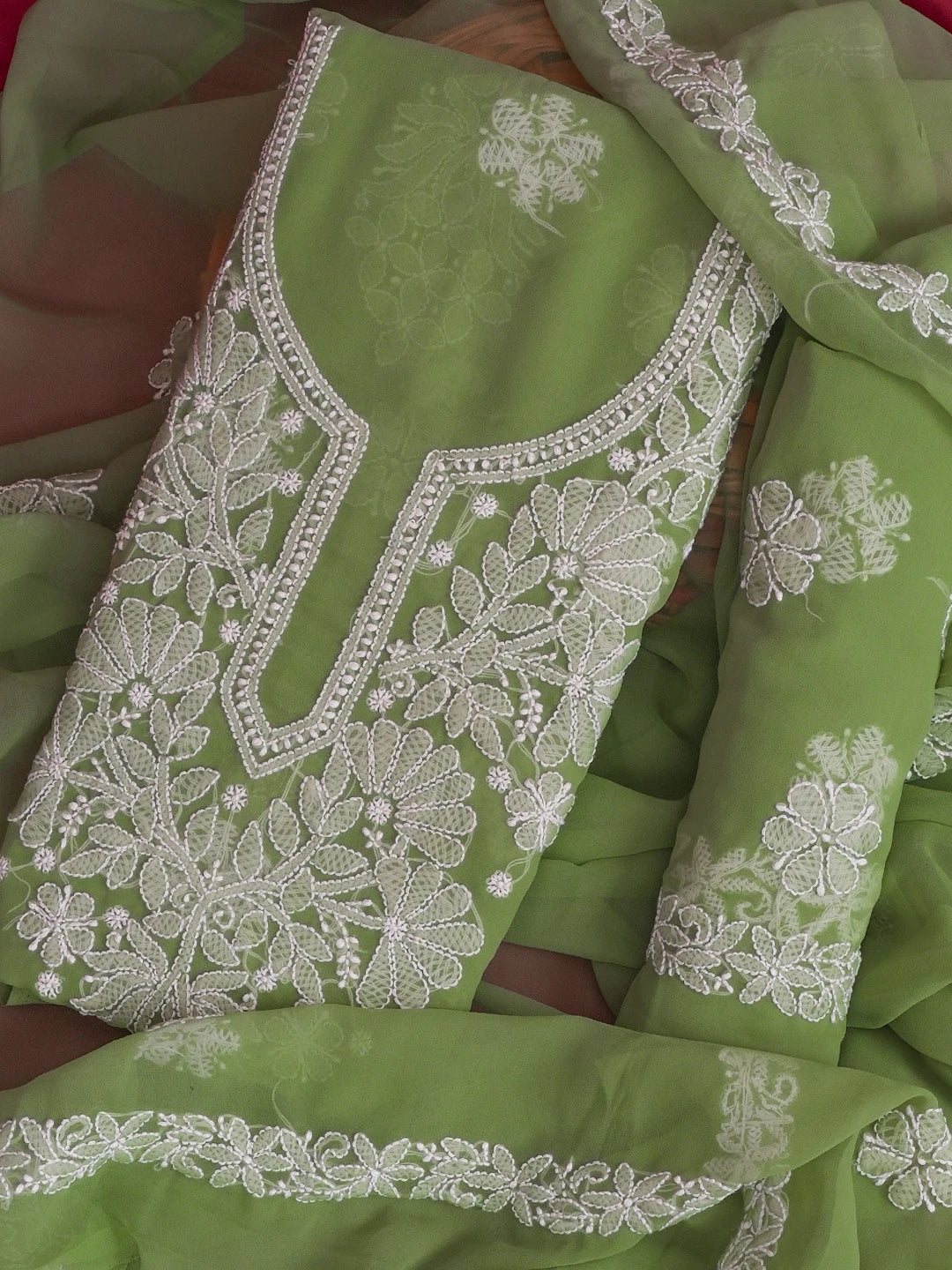 Ada Hand Embroidered Green Georgette Lucknowi Chikankari Unstitched Suit Piece 01A573029
