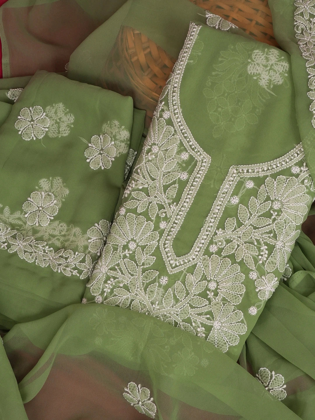Ada Hand Embroidered Green Georgette Lucknowi Chikankari Unstitched Suit Piece 01A573029