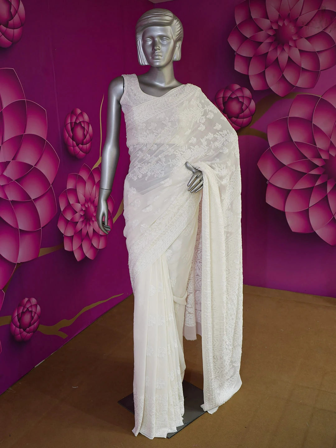 Ada Hand Embroidered White Pure Georgette Lucknowi Chikankari Saree With Blouse 01A551959