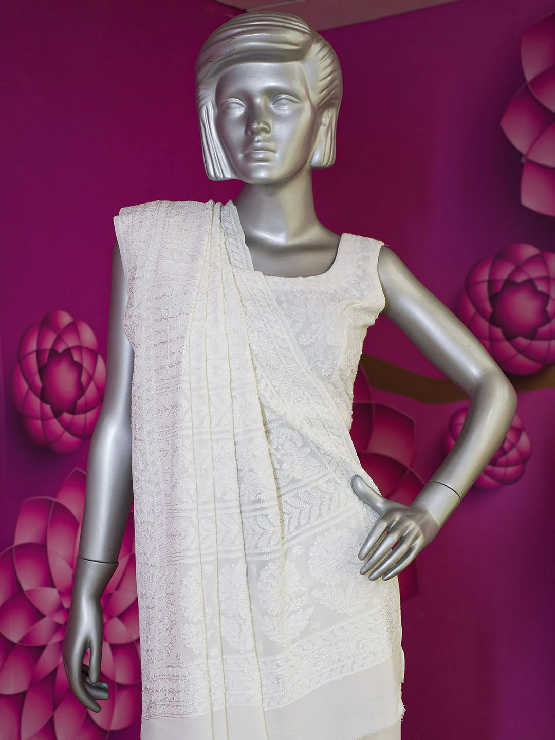 Ada Hand Embroidered White Pure Georgette Lucknowi Chikankari Saree With Blouse 01A551959
