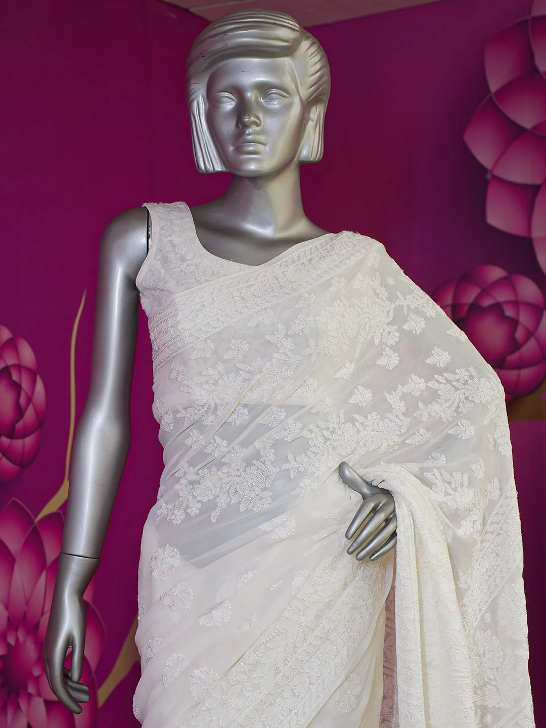 Ada Hand Embroidered White Pure Georgette Lucknowi Chikankari Saree With Blouse 01A551959