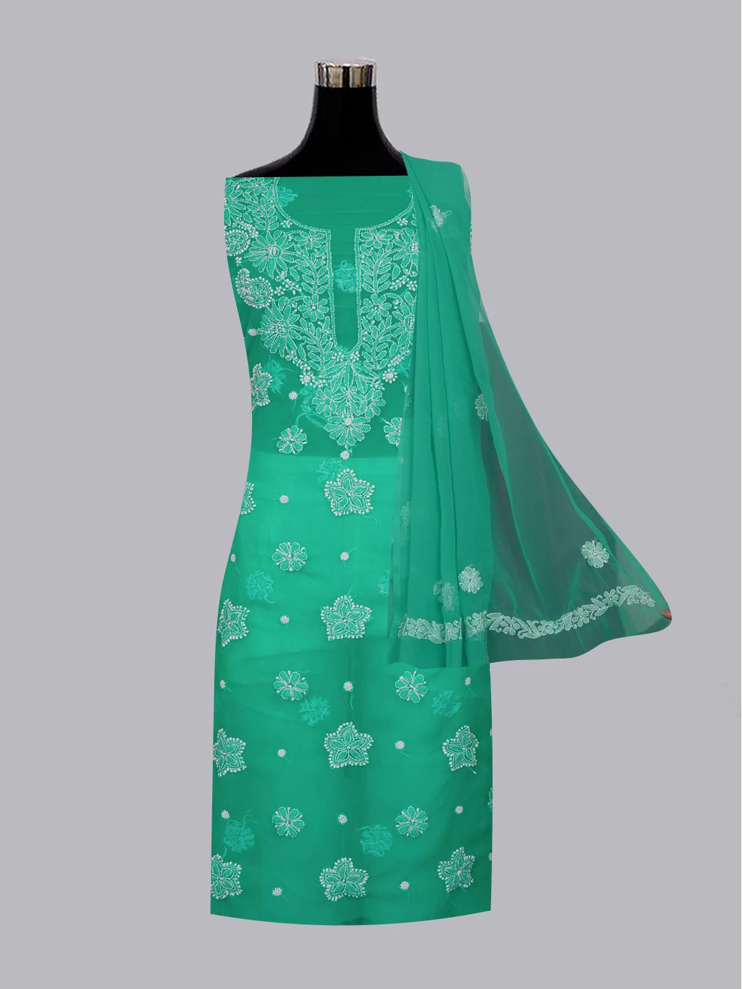 Ada Hand Embroidered Rama Green Georgette Lucknowi Chikankari Unstitched Suit Piece 01A572936