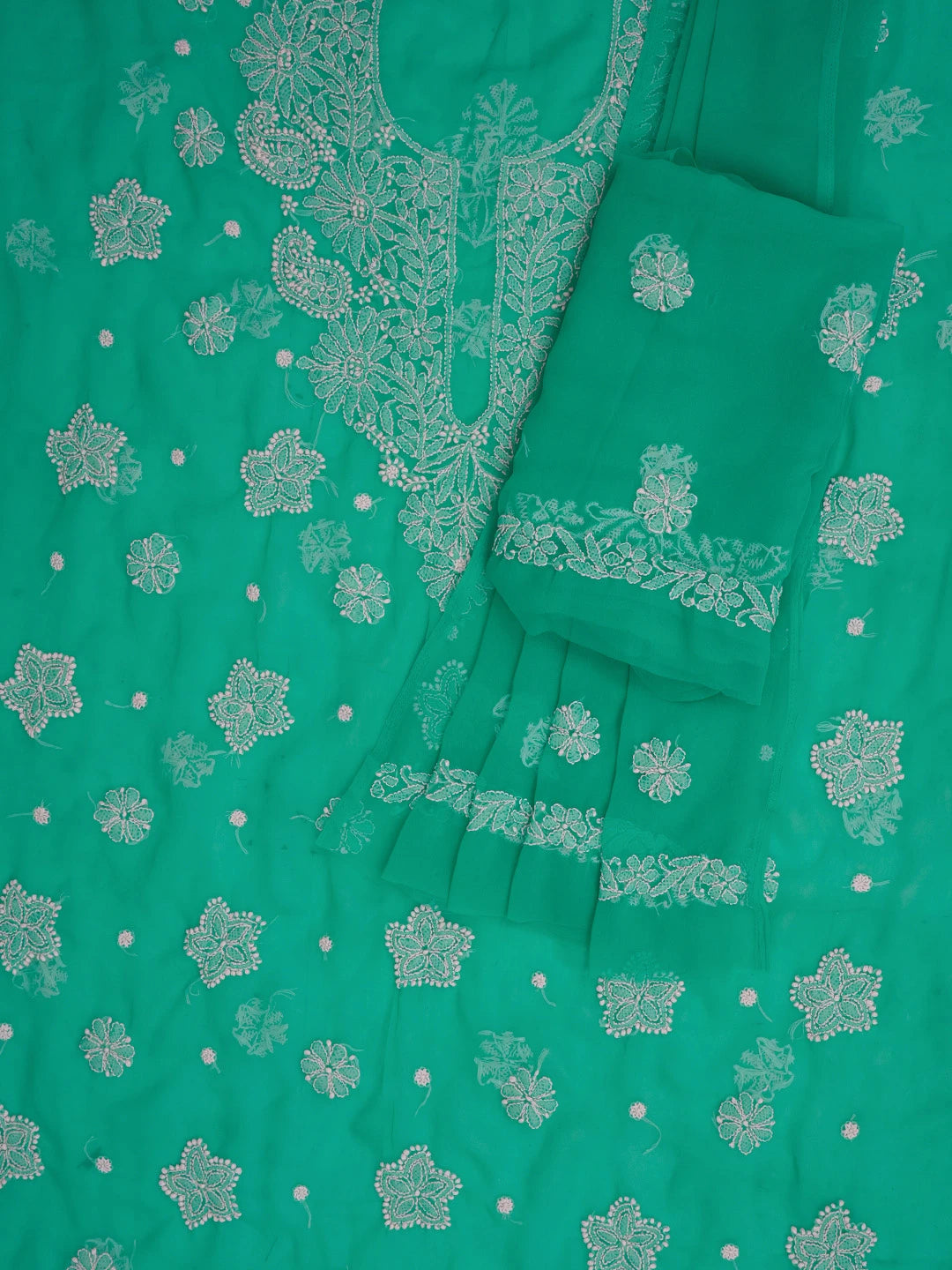 Ada Hand Embroidered Rama Green Georgette Lucknowi Chikankari Unstitched Suit Piece 01A572936