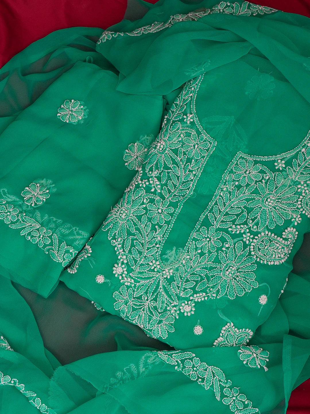 Ada Hand Embroidered Rama Green Georgette Lucknowi Chikankari Unstitched Suit Piece 01A572936