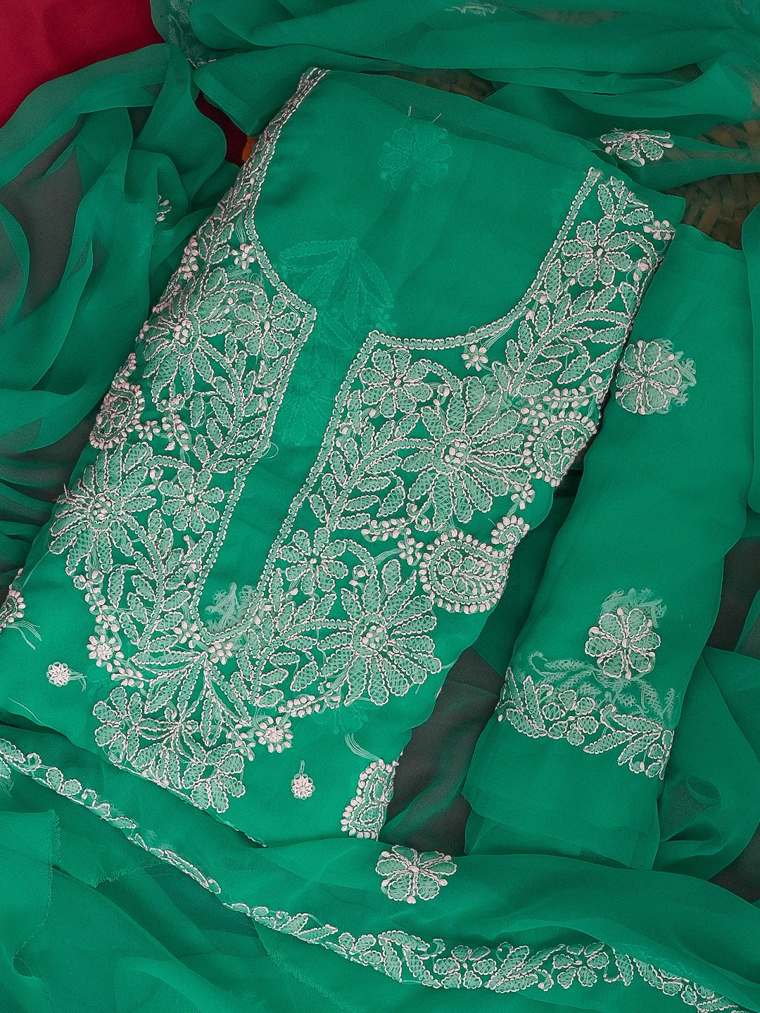 Ada Hand Embroidered Rama Green Georgette Lucknowi Chikankari Unstitched Suit Piece 01A572936