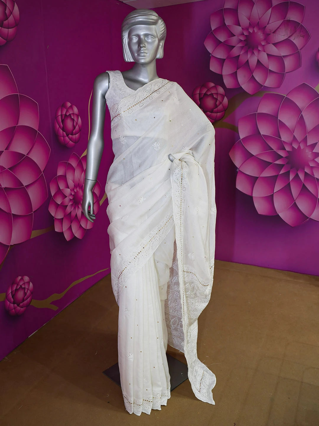 Ada Hand Embroidered Alabaster White Kota Silk Lucknowi Chikankari Saree /Blouse With Muqaish Work 01A462692