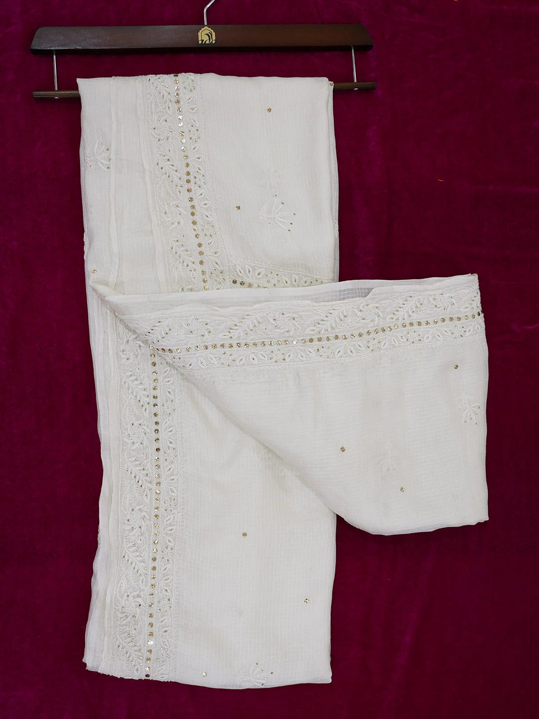 Ada Hand Embroidered Alabaster White Kota Silk Lucknowi Chikankari Saree /Blouse With Muqaish Work 01A462692