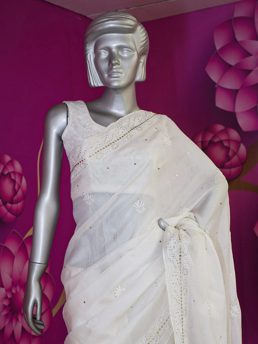 Ada Hand Embroidered Alabaster White Kota Silk Lucknowi Chikankari Saree /Blouse With Muqaish Work 01A462692