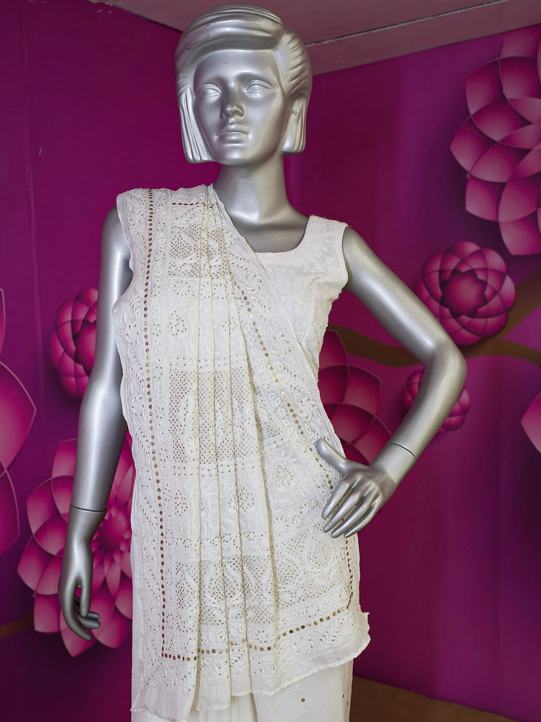 Ada Hand Embroidered Alabaster White Kota Silk Lucknowi Chikankari Saree /Blouse With Muqaish Work 01A462692
