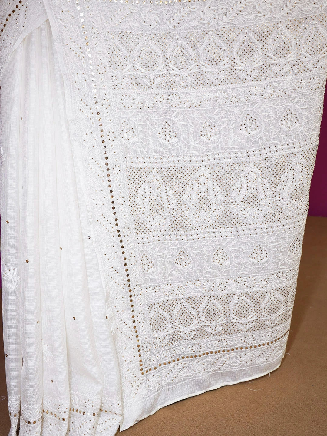 Ada Hand Embroidered Alabaster White Kota Silk Lucknowi Chikankari Saree /Blouse With Muqaish Work 01A462692