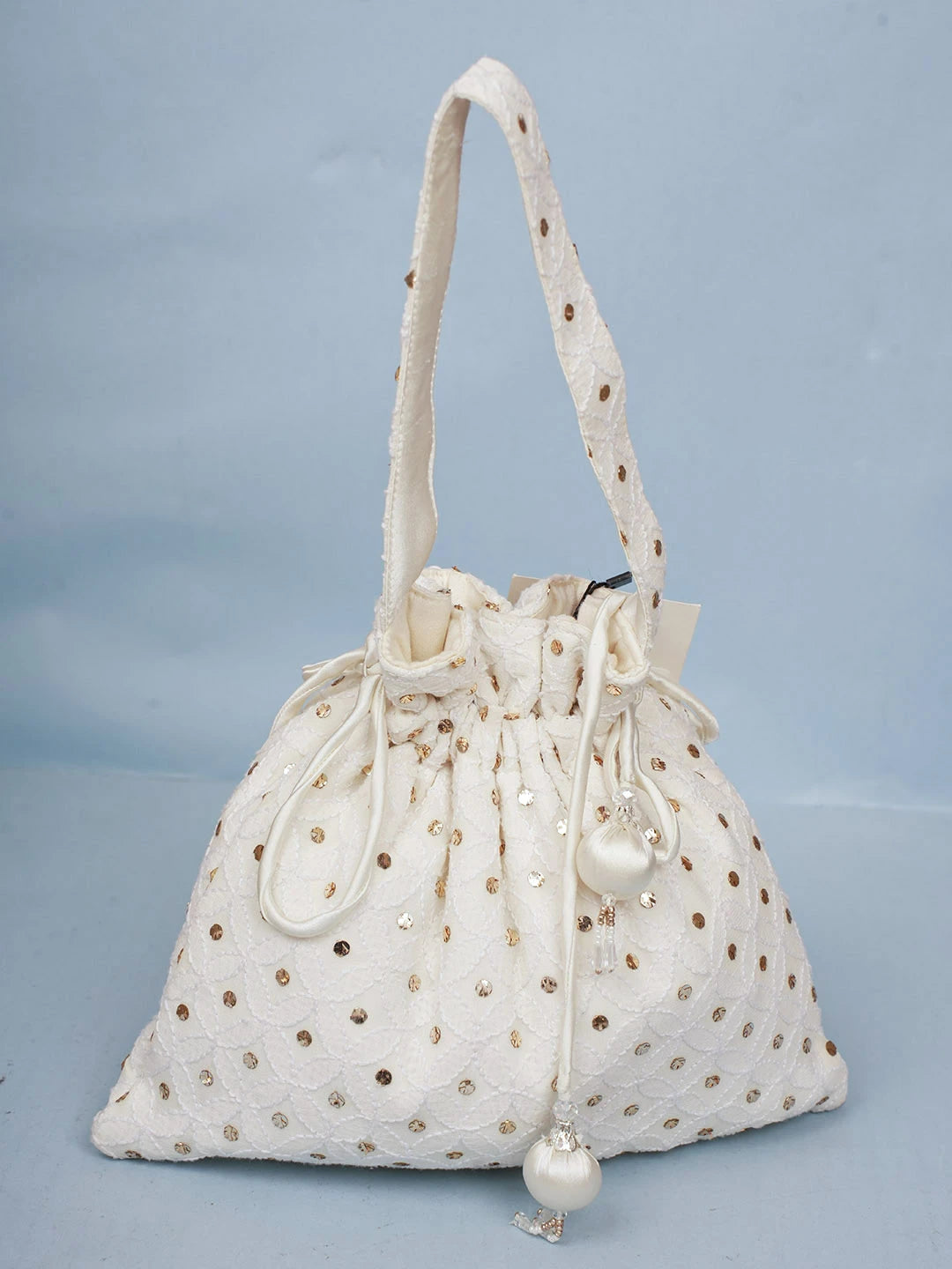 Ada Hand Embroidered White Pure Georgette Lucknowi Chikankari Potli Bag With Muqaish Work 01A584825