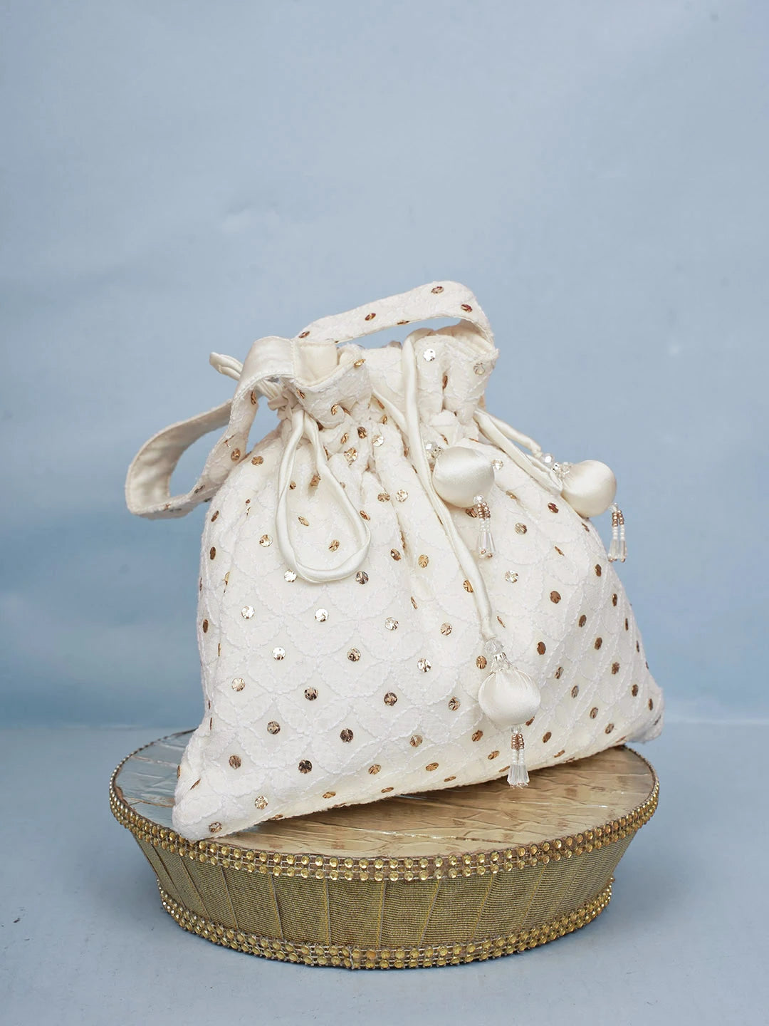 Ada Hand Embroidered White Pure Georgette Lucknowi Chikankari Potli Bag With Muqaish Work 01A584825