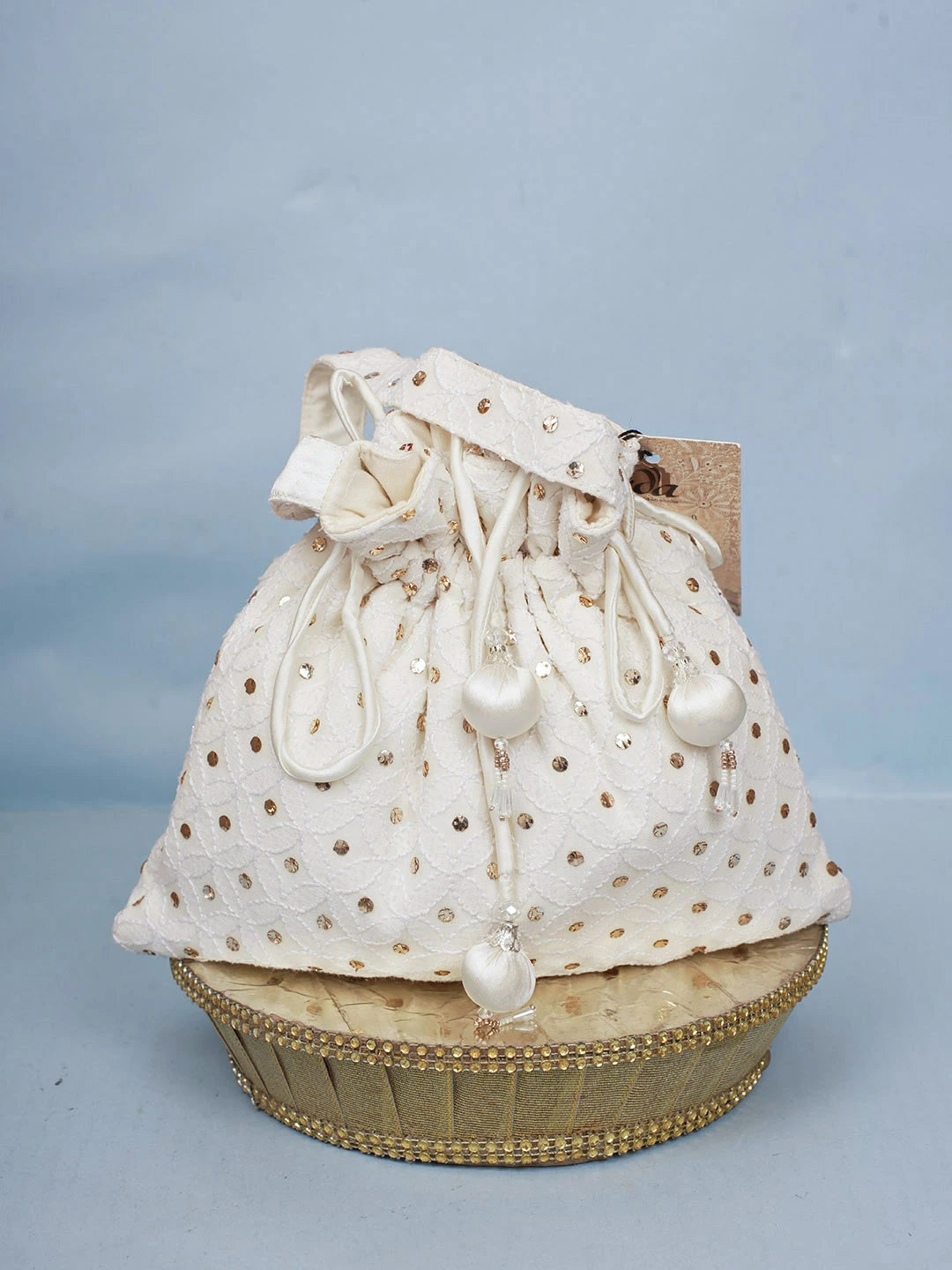 Ada Hand Embroidered White Pure Georgette Lucknowi Chikankari Potli Bag With Muqaish Work 01A584825