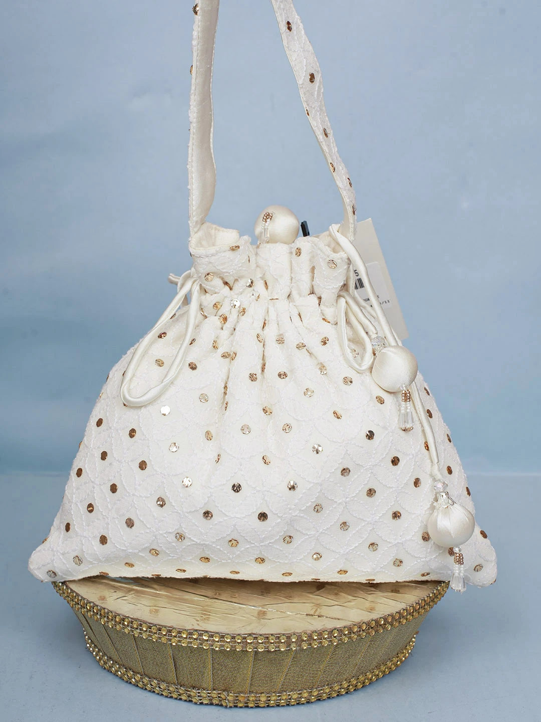 Ada Hand Embroidered White Pure Georgette Lucknowi Chikankari Potli Bag With Muqaish Work 01A584825