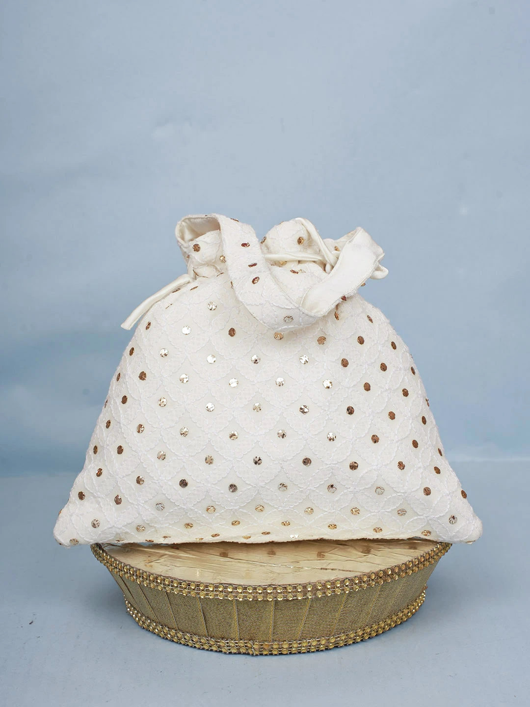 Ada Hand Embroidered White Pure Georgette Lucknowi Chikankari Potli Bag With Muqaish Work 01A584825