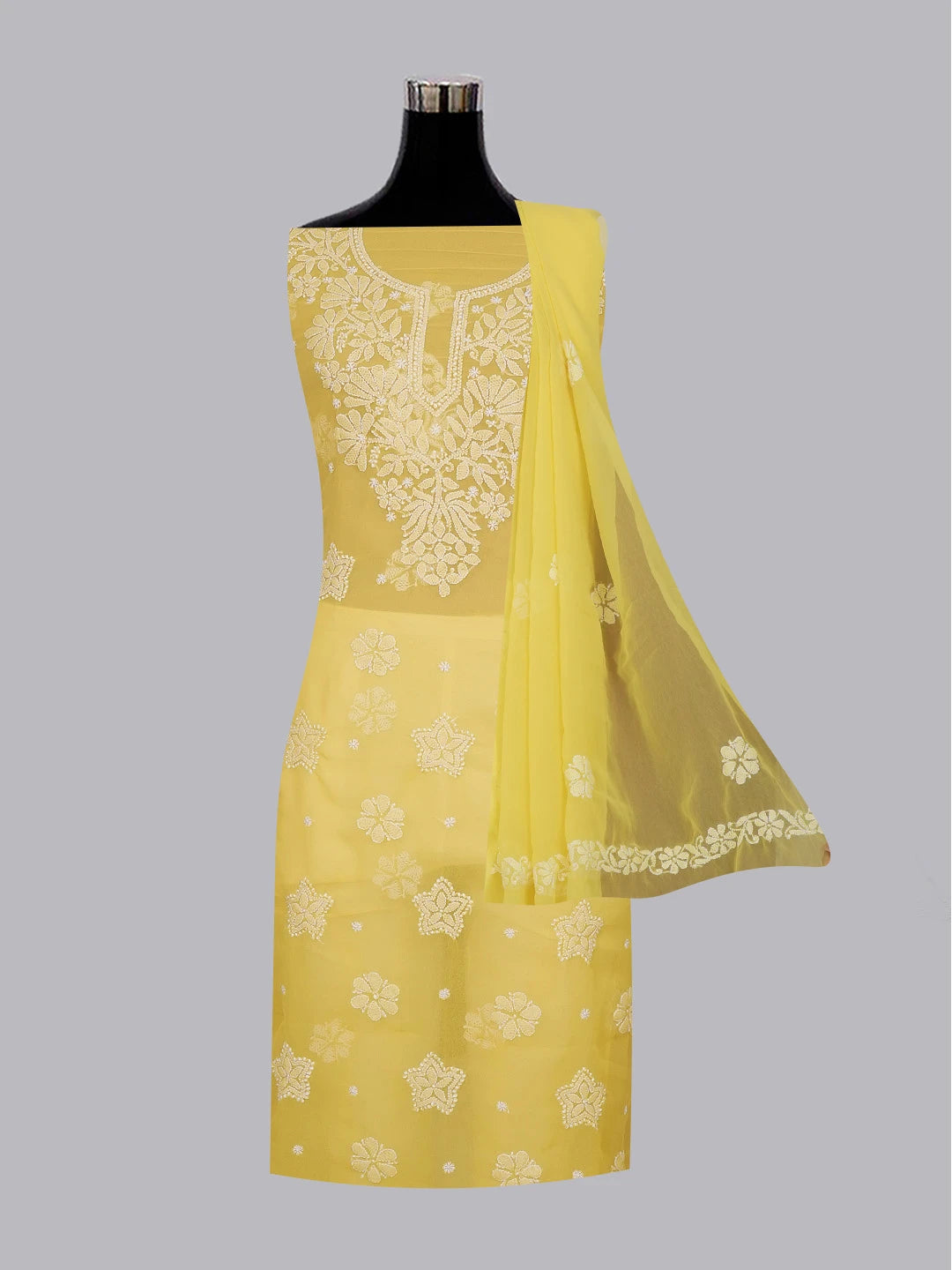 Ada Hand Embroidered Yellow Georgette Lucknowi Chikankari Unstitched Suit Piece 01A572945