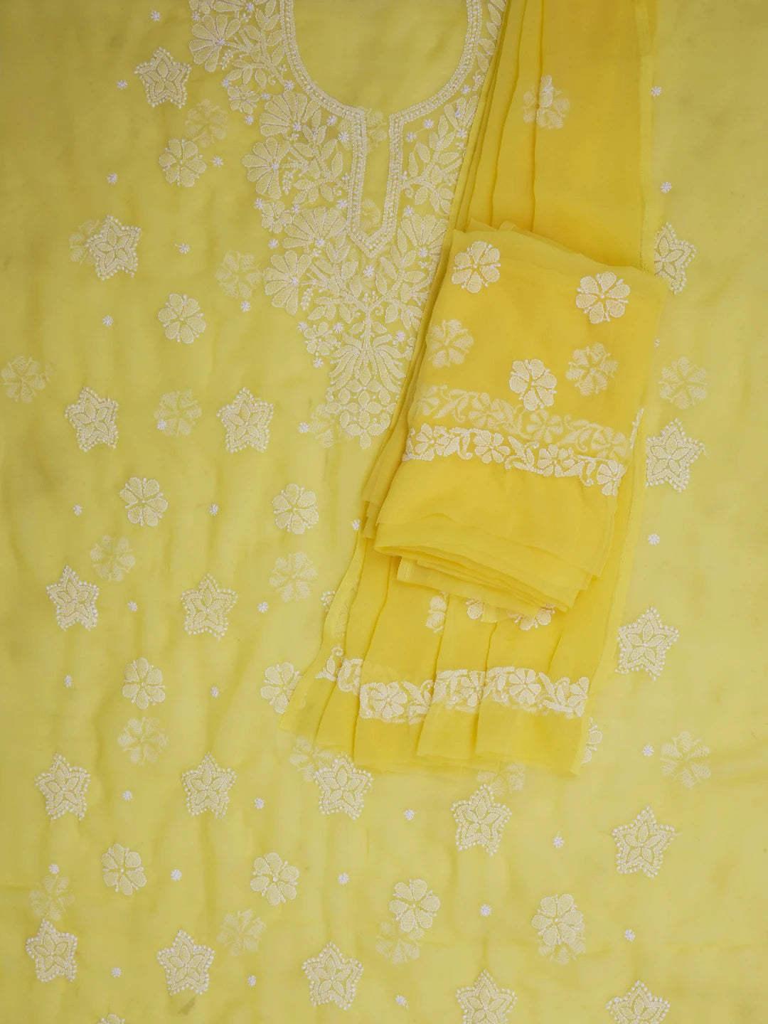 Ada Hand Embroidered Yellow Georgette Lucknowi Chikankari Unstitched Suit Piece 01A572945