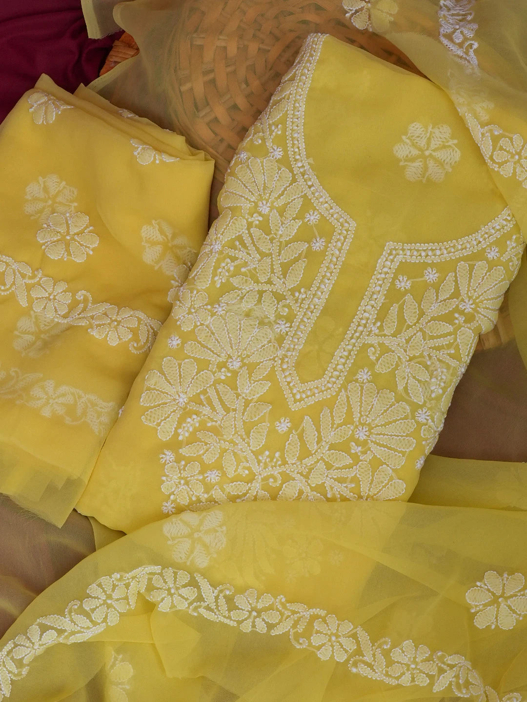 Ada Hand Embroidered Yellow Georgette Lucknowi Chikankari Unstitched Suit Piece 01A572945