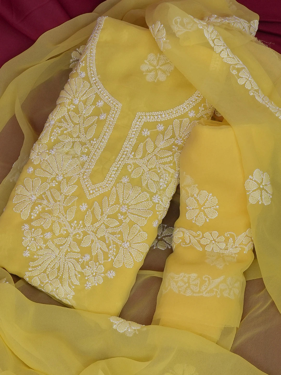 Ada Hand Embroidered Yellow Georgette Lucknowi Chikankari Unstitched Suit Piece 01A572945