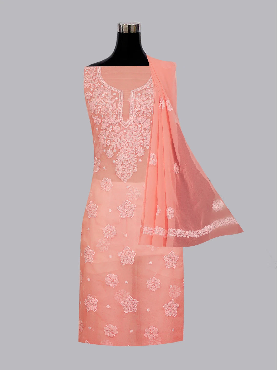 Ada Hand Embroidered Peach Pink Georgette Lucknowi Chikankari Unstitched Suit Piece 01A572938
