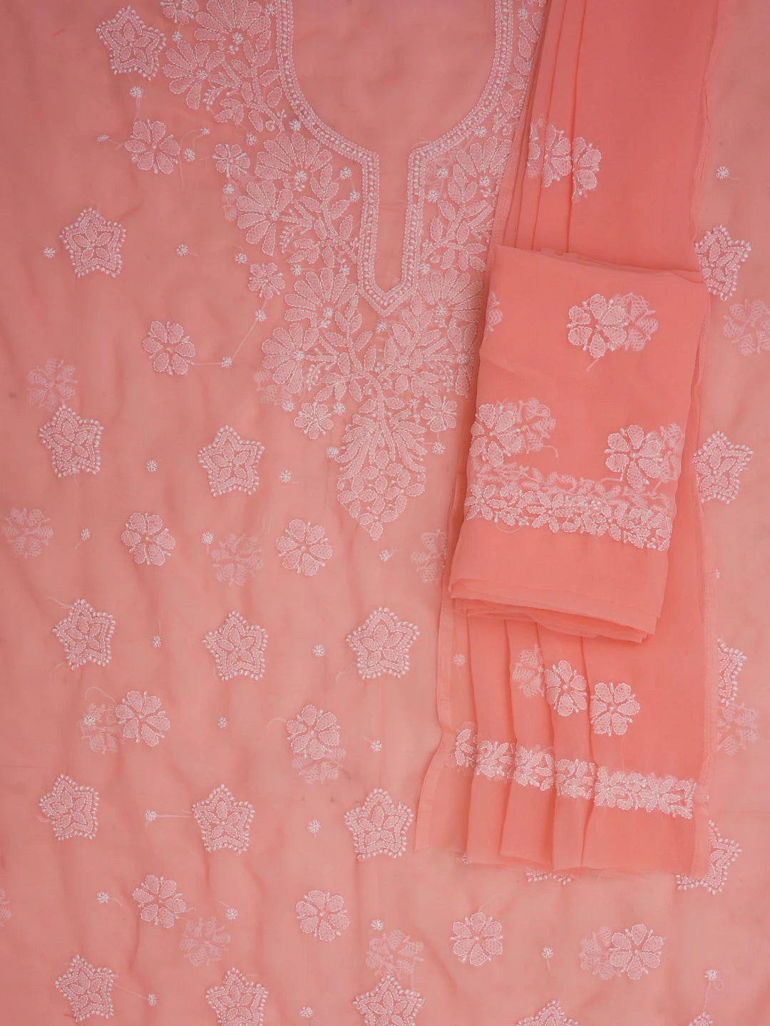 Ada Hand Embroidered Peach Pink Georgette Lucknowi Chikankari Unstitched Suit Piece 01A572938