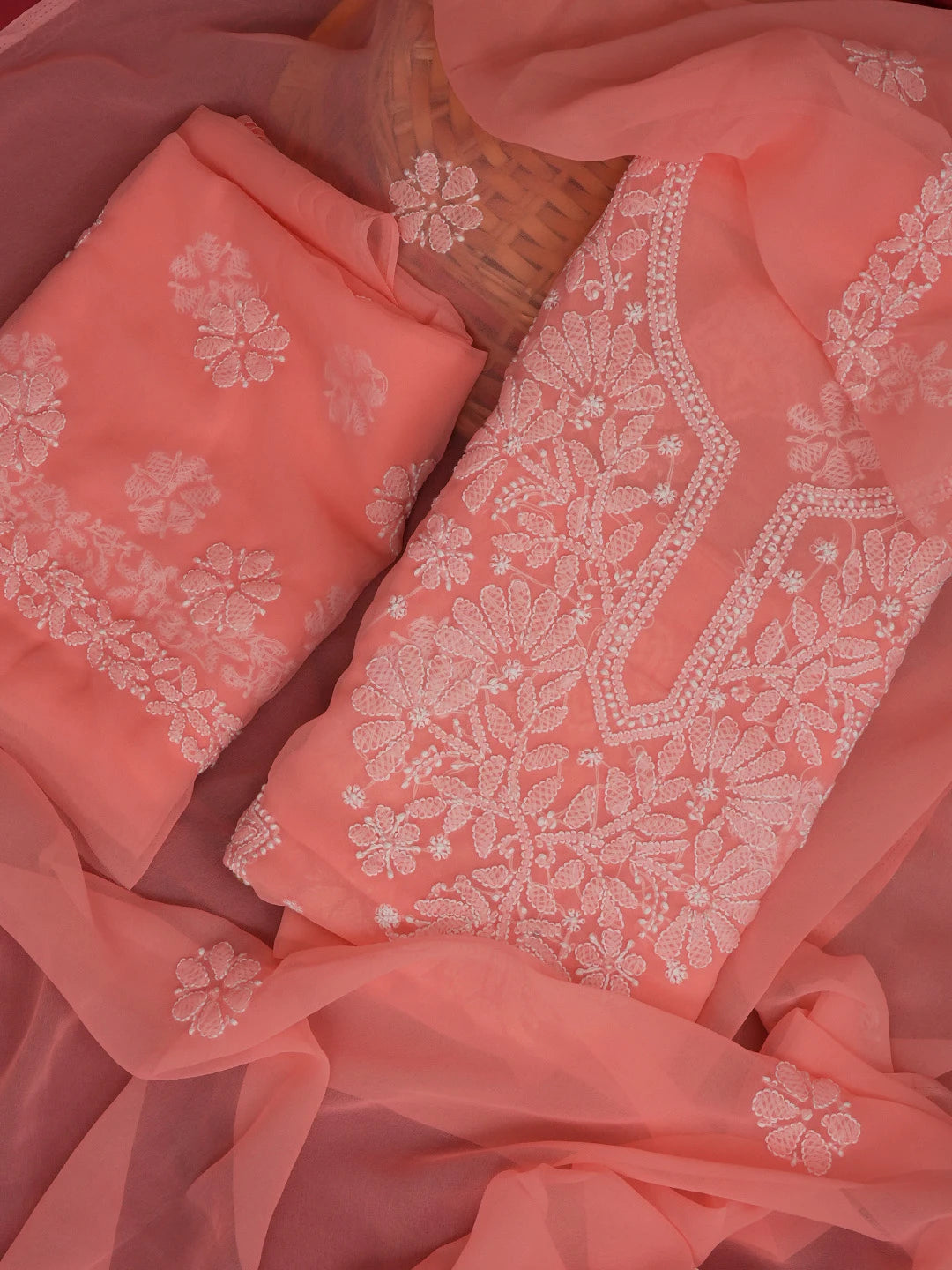 Ada Hand Embroidered Peach Pink Georgette Lucknowi Chikankari Unstitched Suit Piece 01A572938