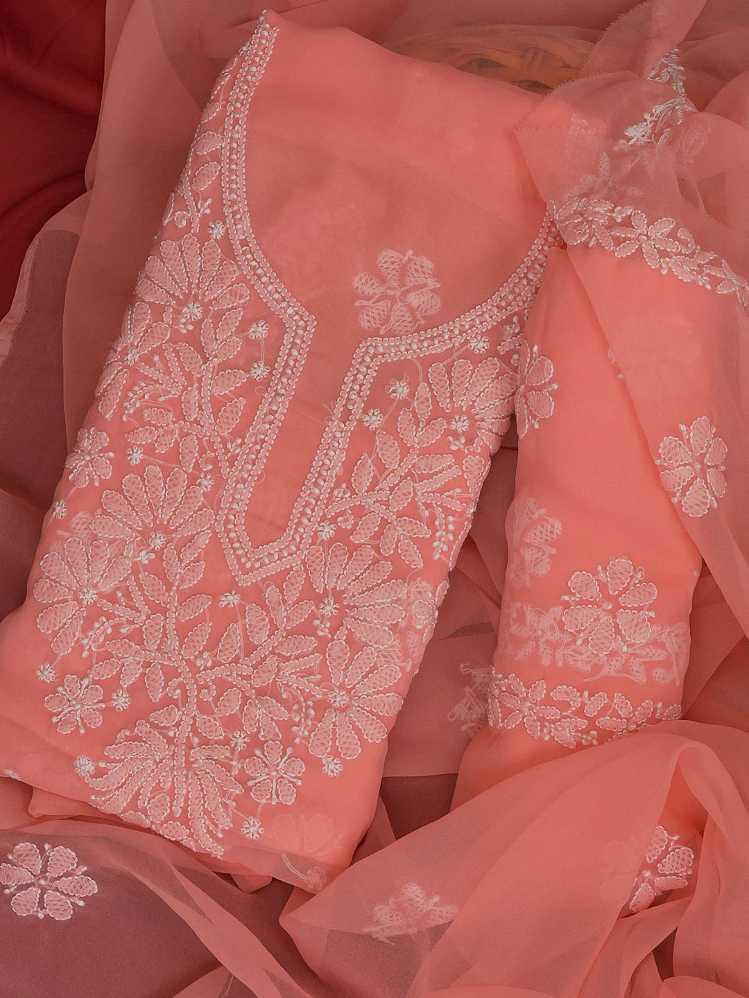 Ada Hand Embroidered Peach Pink Georgette Lucknowi Chikankari Unstitched Suit Piece 01A572938