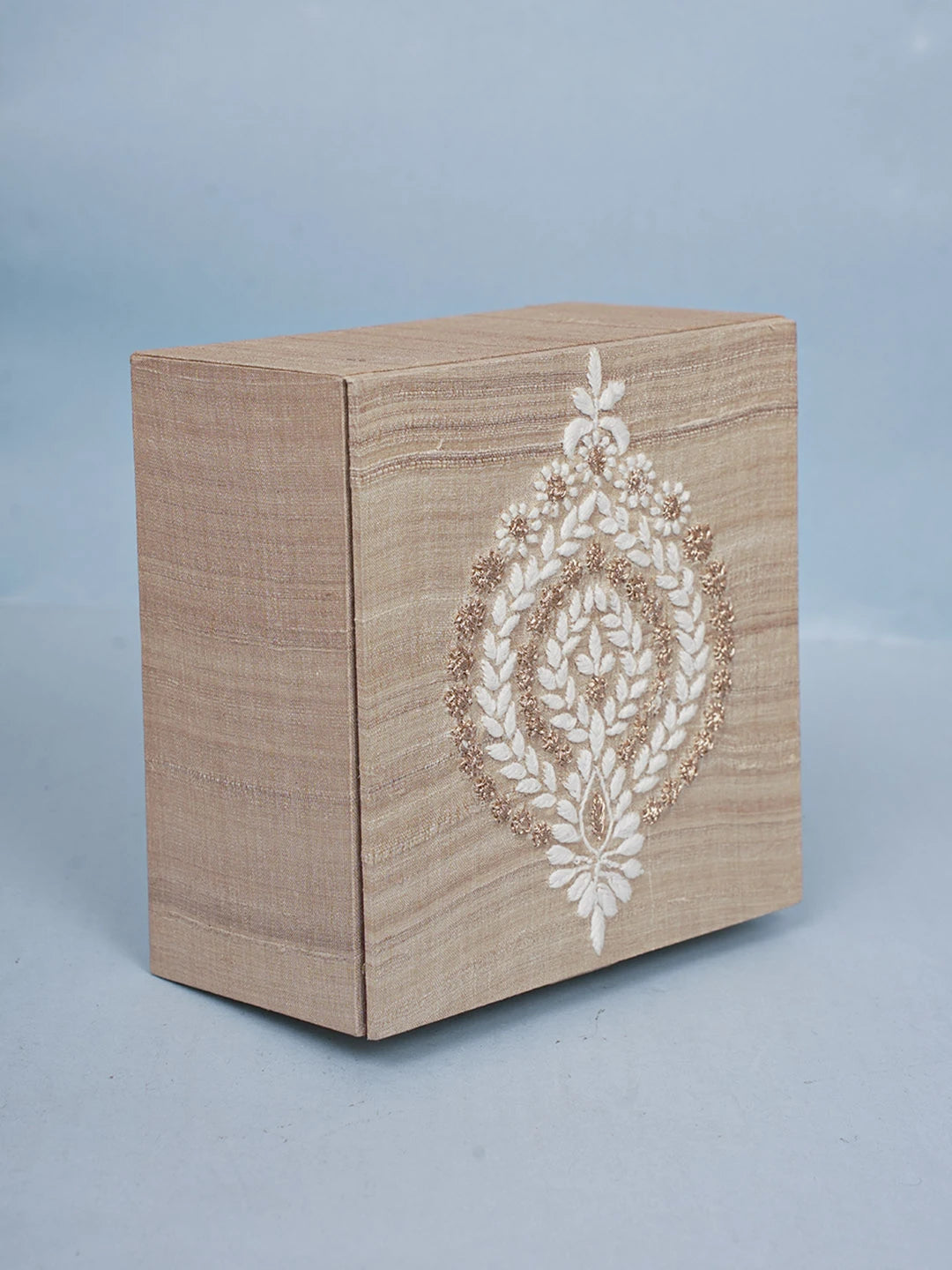Ada Hand Embroidered Fawn Silk Lucknowi Chikankari Utility Box With Zari Work 01A575908