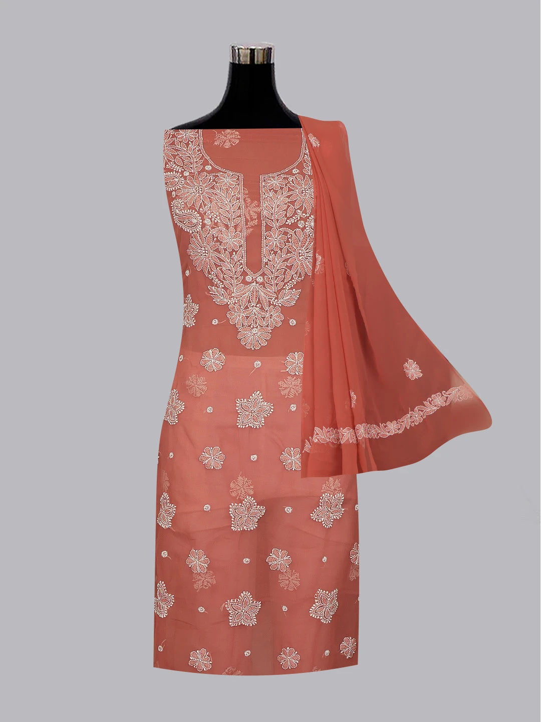 Ada Hand Embroidered Rust Georgette Lucknowi Chikankari Unstitched Suit Piece 01A573032