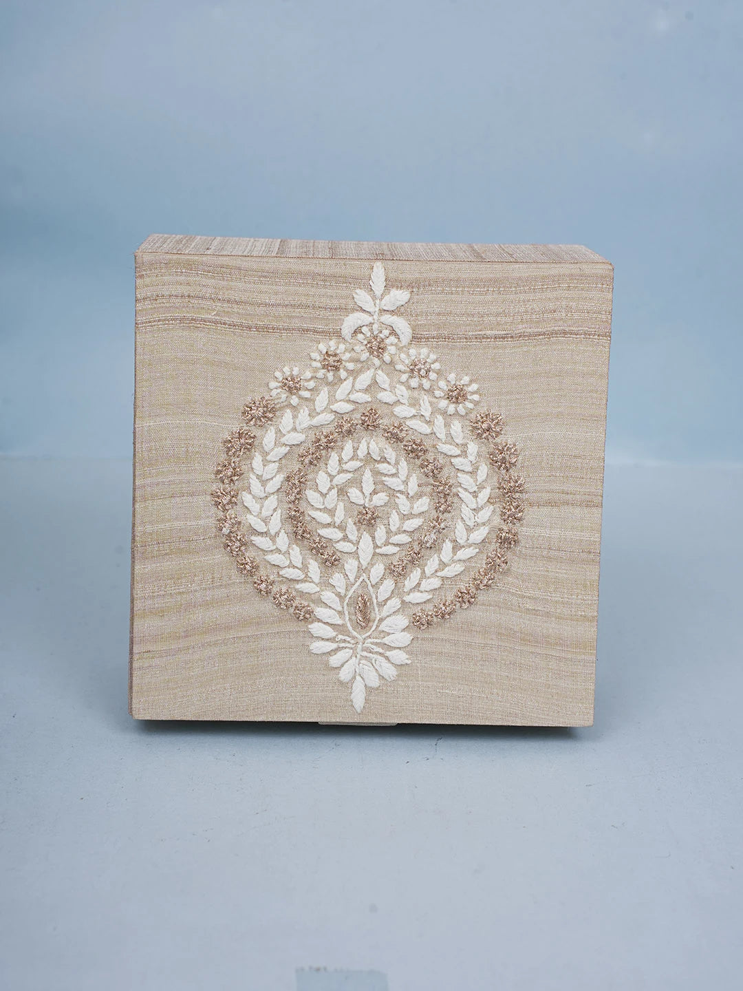 Ada Hand Embroidered Fawn Silk Lucknowi Chikankari Utility Box With Zari Work 01A575908
