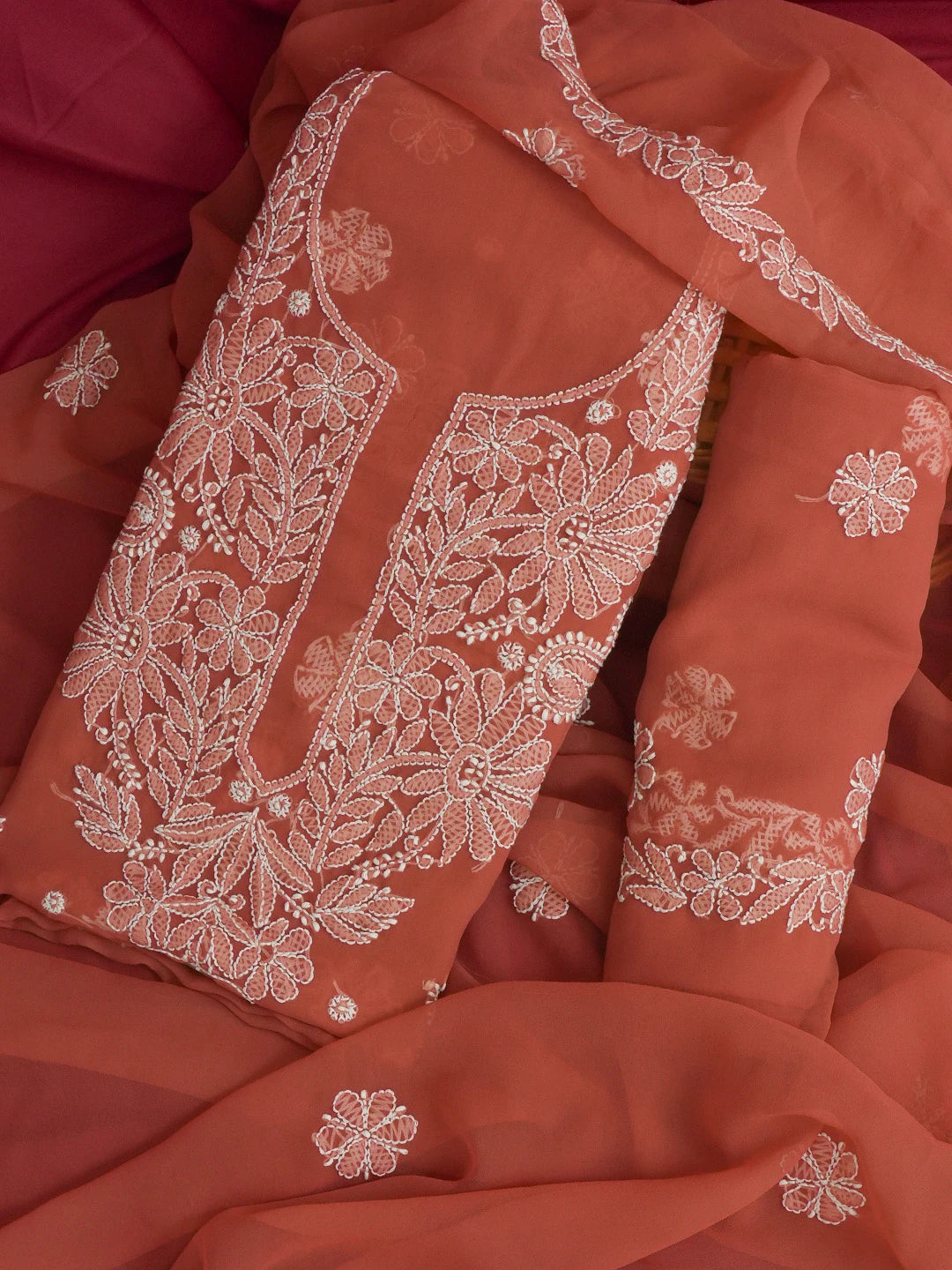 Ada Hand Embroidered Rust Georgette Lucknowi Chikankari Unstitched Suit Piece 01A573032