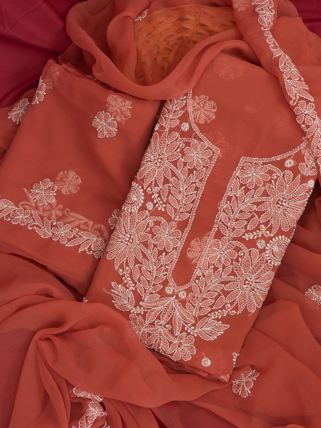Ada Hand Embroidered Rust Georgette Lucknowi Chikankari Unstitched Suit Piece 01A573032