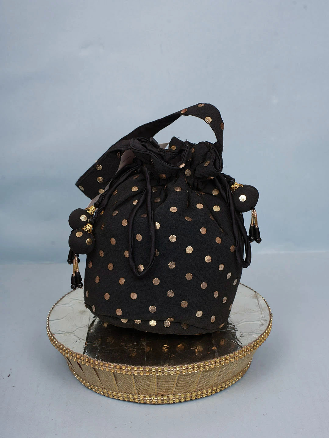 Ada Hand Embroidered Black Pure Georgette Lucknowi Chikankari Potli Bag With Muqaish Work 01A580844