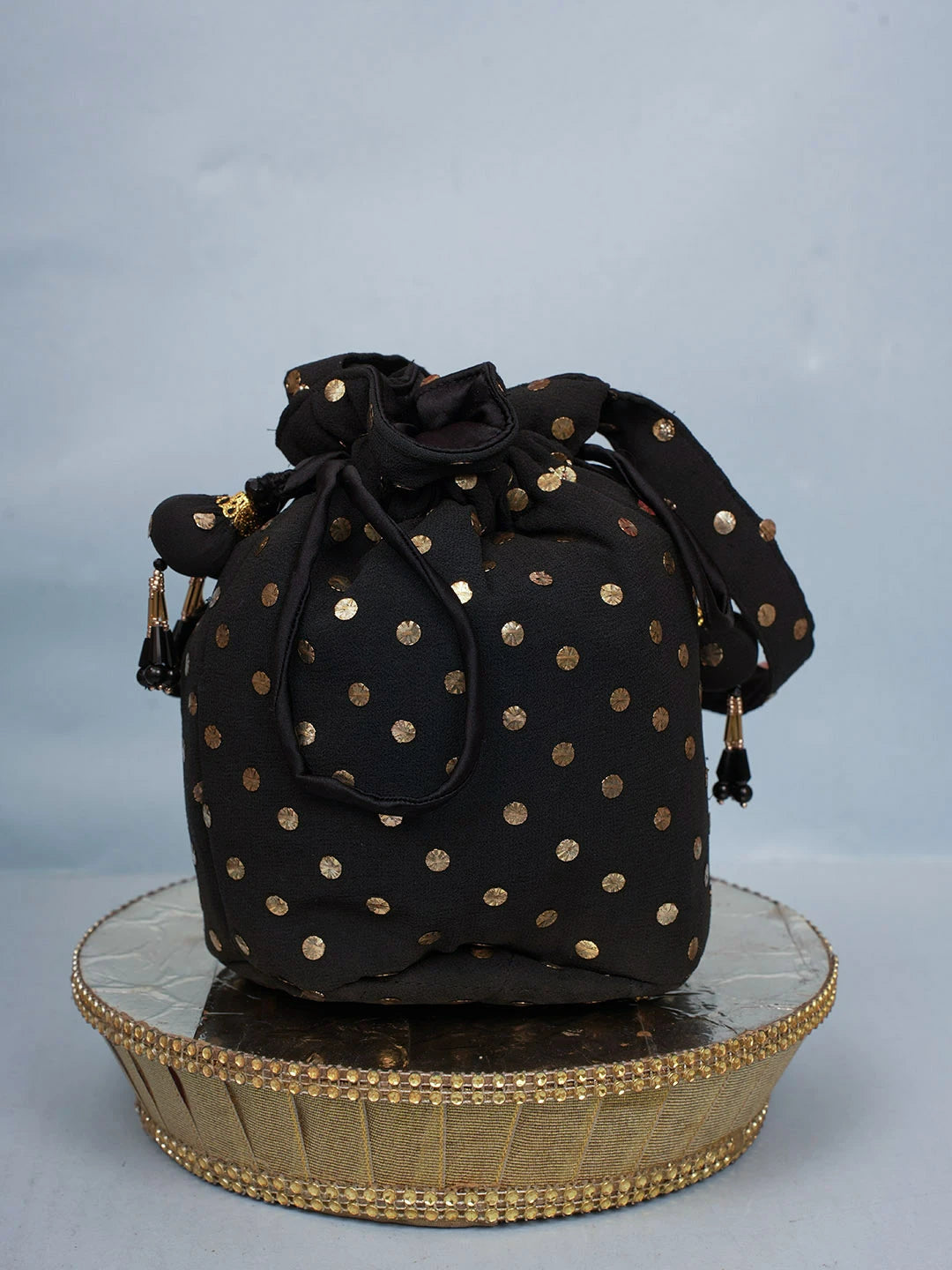 Ada Hand Embroidered Black Pure Georgette Lucknowi Chikankari Potli Bag With Muqaish Work 01A580844