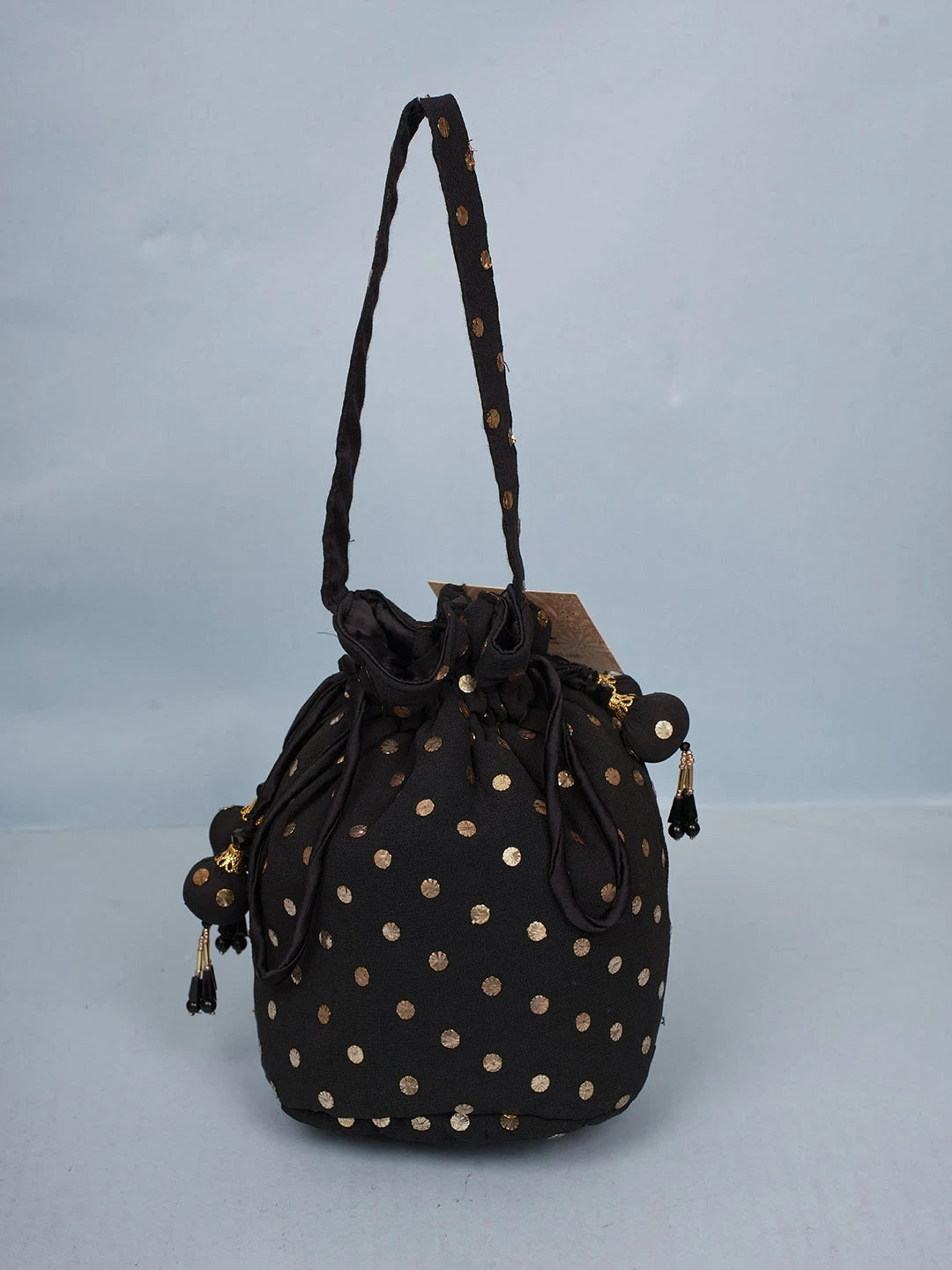 Ada Hand Embroidered Black Pure Georgette Lucknowi Chikankari Potli Bag With Muqaish Work 01A580844