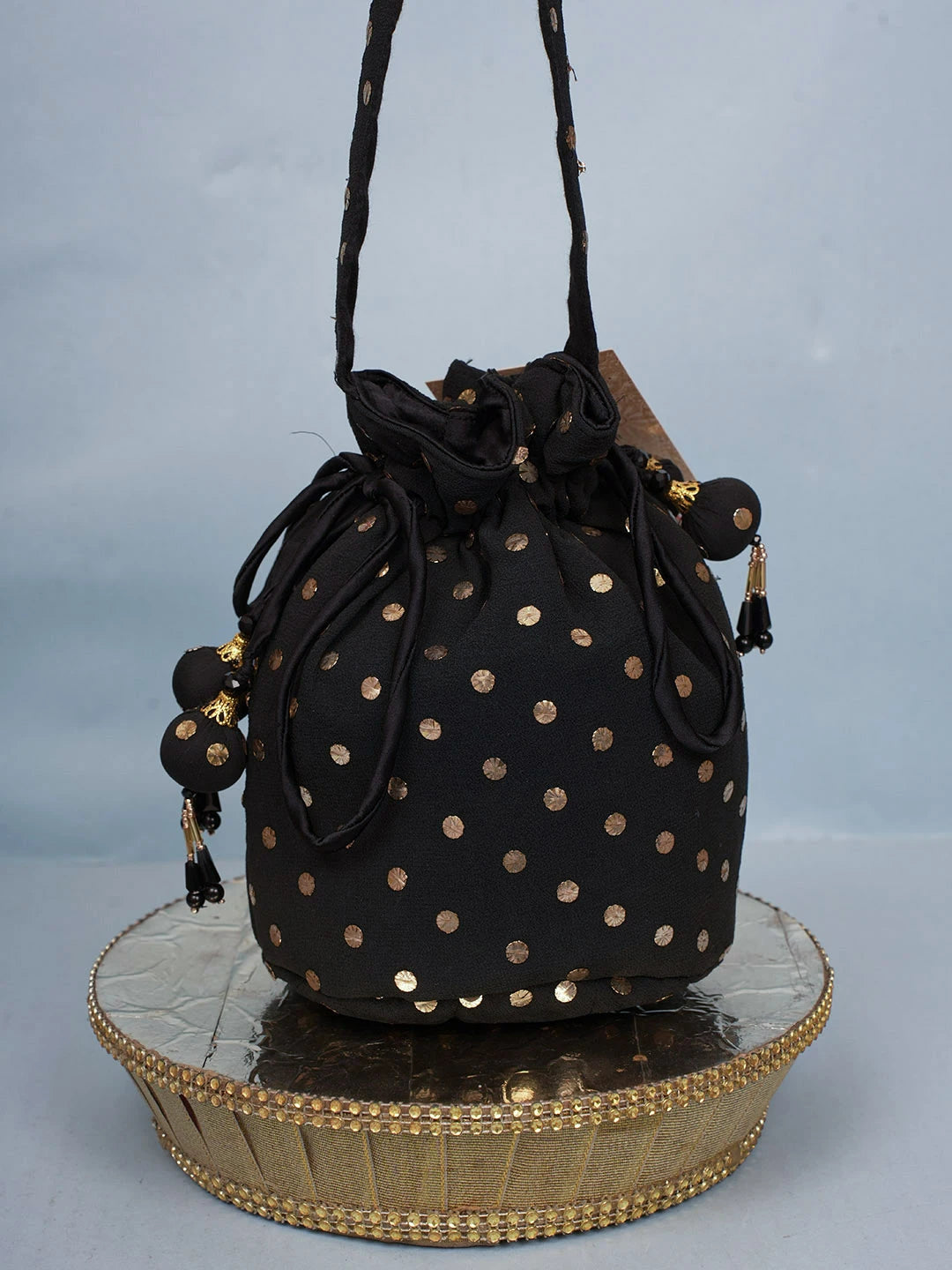 Ada Hand Embroidered Black Pure Georgette Lucknowi Chikankari Potli Bag With Muqaish Work 01A580844
