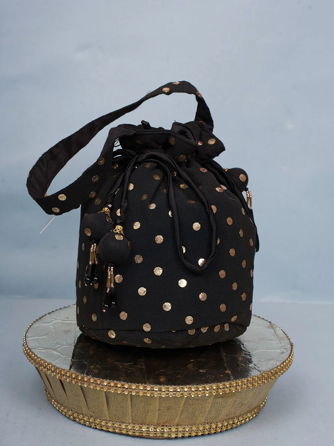 Ada Hand Embroidered Black Pure Georgette Lucknowi Chikankari Potli Bag With Muqaish Work 01A580844
