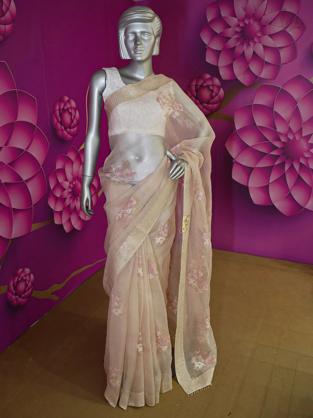 Ada Hand Embroidered Dusty Peach Lucknowi Chikankari Saree With Blouse With Muqaish Work 01A559651