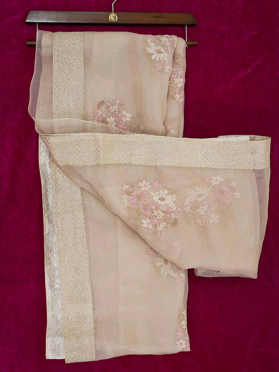 Ada Hand Embroidered Dusty Peach Lucknowi Chikankari Saree With Blouse With Muqaish Work 01A559651