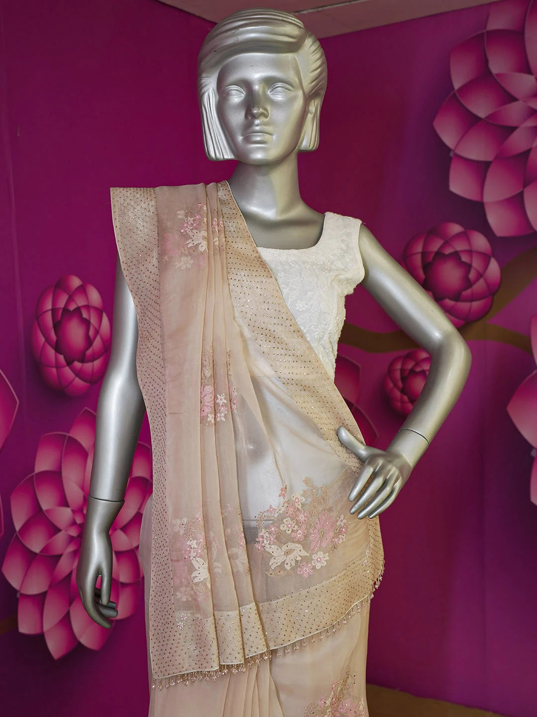 Ada Hand Embroidered Dusty Peach Lucknowi Chikankari Saree With Blouse With Muqaish Work 01A559651