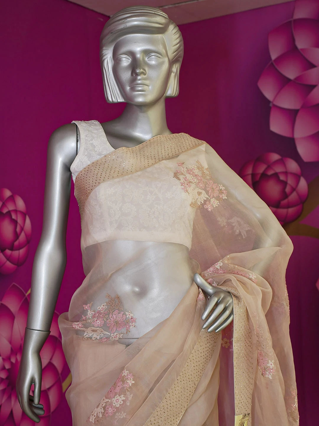 Ada Hand Embroidered Dusty Peach Lucknowi Chikankari Saree With Blouse With Muqaish Work 01A559651